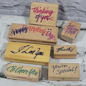 Vintage Rubber Stamps Lot Of 7 Words Phrases Mothers Day Love Thanks Hello Cheer